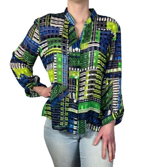 RUBY RD Green And Blue sheer blouse - Picture 1 of 7